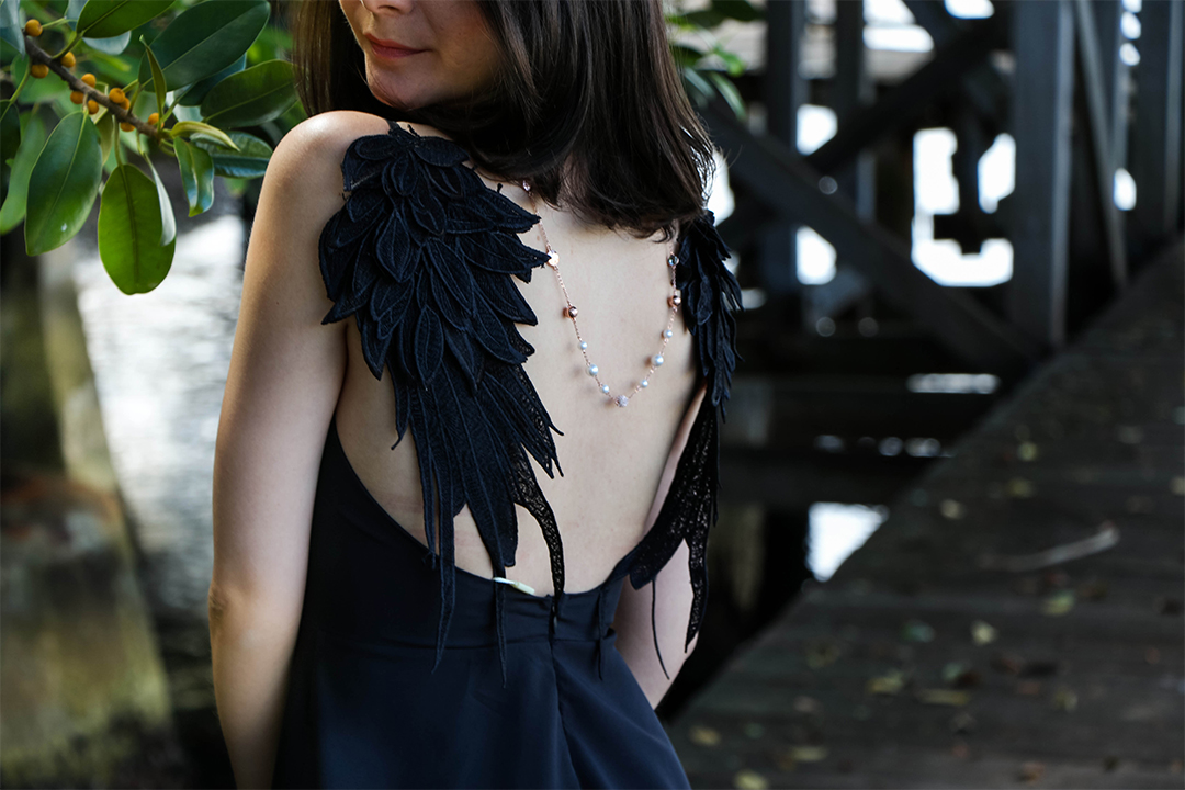 Black Angel wings dress. Mix Collection jewellery by MYJS.